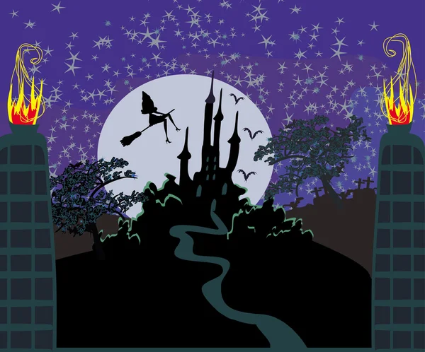 Witch flying on a broom in moonlight. — Stock Vector