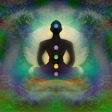 Yoga nilüfer pozu. Renkli çakra noktalı Padmasana.