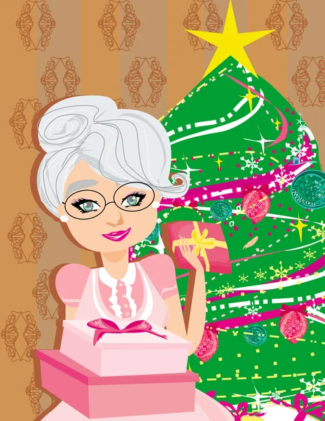 Chr でクリスマス ツリーの背景に年配の女性 — ストックベクタ