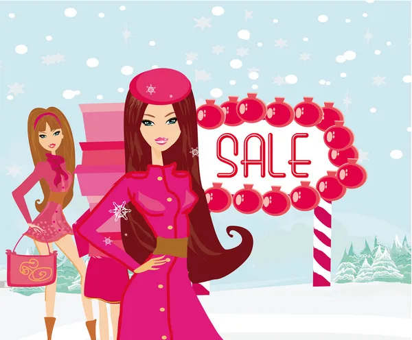 Hermosas chicas en las compras de invierno — Vector de stock