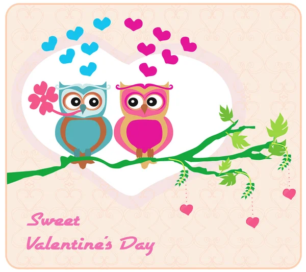 Owls in love , sweet card design. — Stock Vector