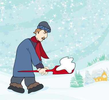 Kışın sokaktan kar küreyen adam