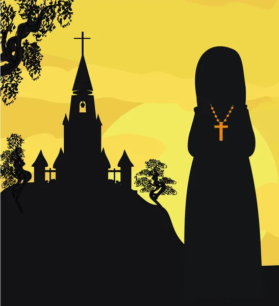 Nun praying in front of the church — Stock Vector