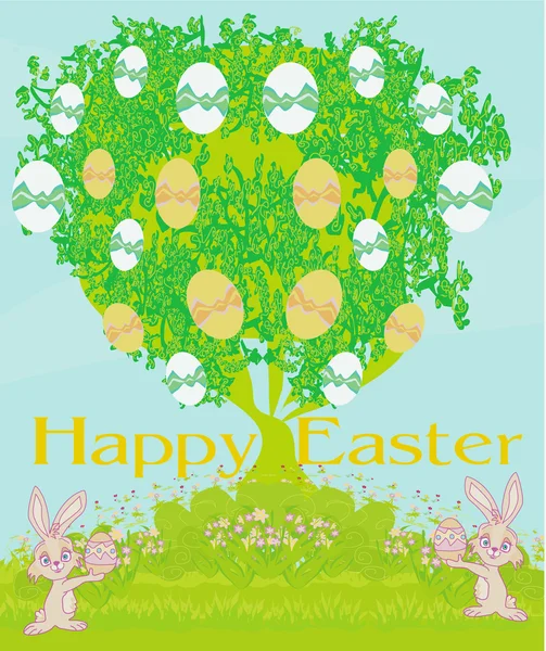 Illustration of happy Easter bunnies carrying egg — Stock Vector