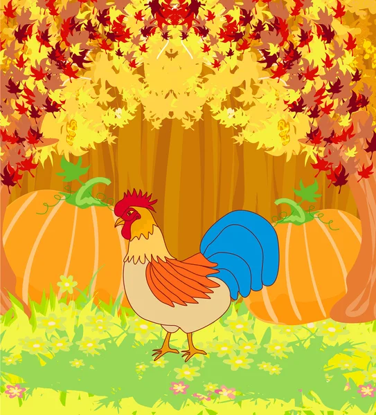 Coq sur fond bois avec feuilles. — Image vectorielle