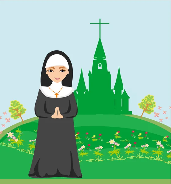 Nun praying in front of the church — Stock Vector