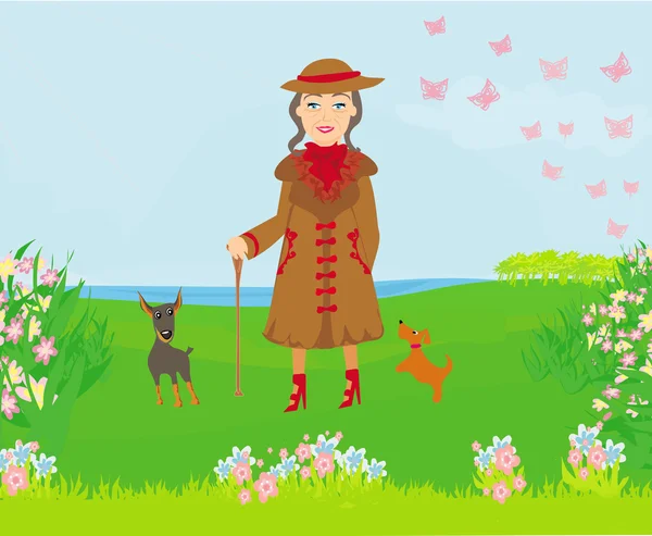 Vieille femme élégante sur une promenade avec ses chiens — Image vectorielle