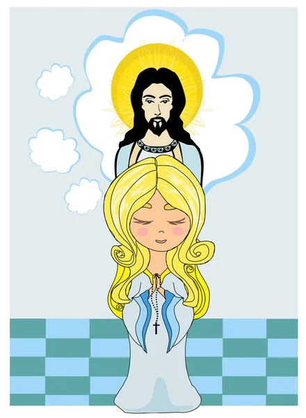 Linda niña rezando a Jesús — Vector de stock