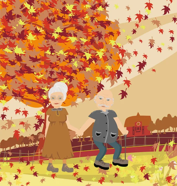 Pareja mayor caminando en otoño día — Vector de stock