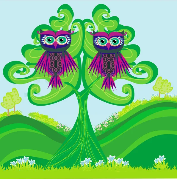 Gufi coppia seduta su un albero verde — Vettoriale Stock