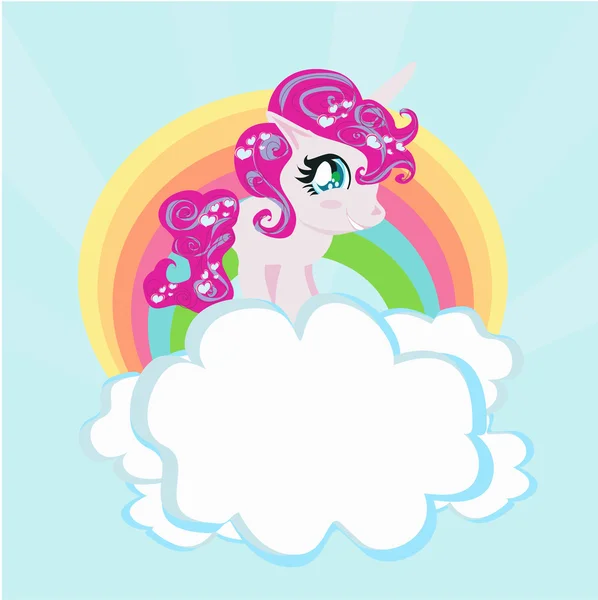 Tarjeta con un lindo arco iris unicornio en las nubes. — Vector de stock