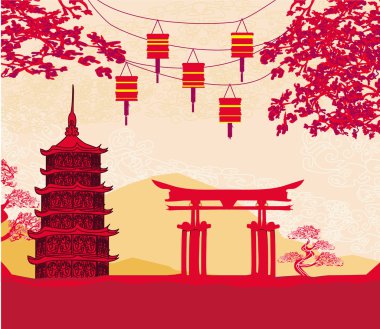 Çin Yeni Yıl kartı - Geleneksel fenerler ve Asya binaları
