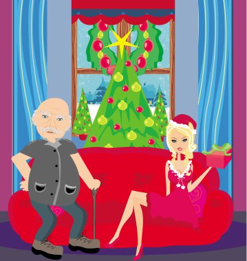 Noel kostümlü seksi kız Noel gecesi hediyesiyle