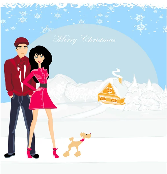 Couple walking on a winter day with dog — Stock Vector
