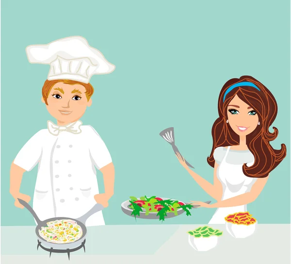 Paar koks bereidt heerlijke gerechten — Stockvector