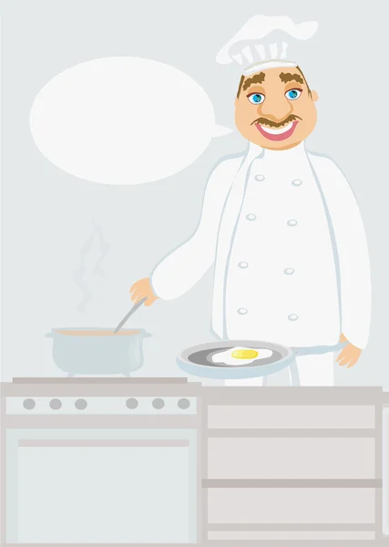 Smiling chef cooks soup — Stock Vector
