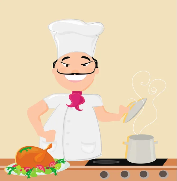 Smiling chef cooks soup — Stock Vector