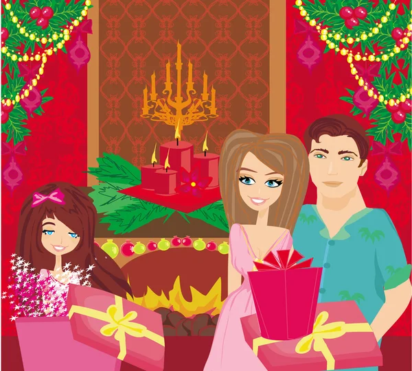Evde aile Noel 'i, mutlu kız hediyeyi açar. — Stok Vektör