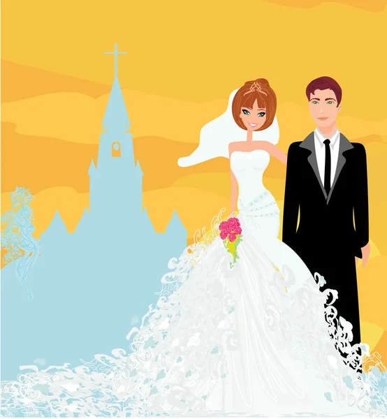 Γαμήλιο ζευγάρι μπροστά από μια εκκλησία — Διανυσματικό Αρχείο