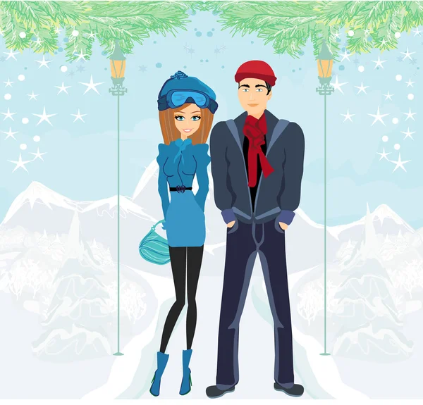 Couple walk on a winter day — Stock Vector