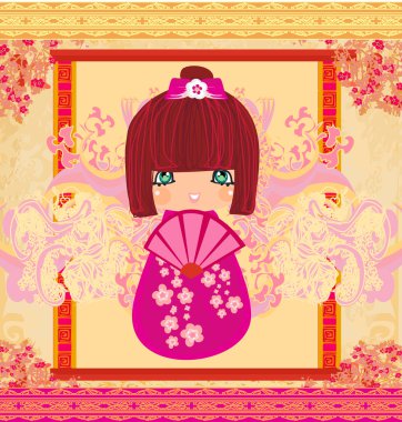 Kokeshi bebek çizgi film karakteri, güzel soyut kart.