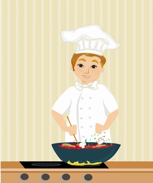 Fröhlicher Koch kocht in der Küche — Stockvektor