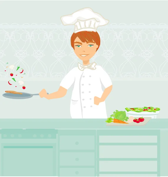 Cheerful chef cooks in the kitchen — Stock Vector