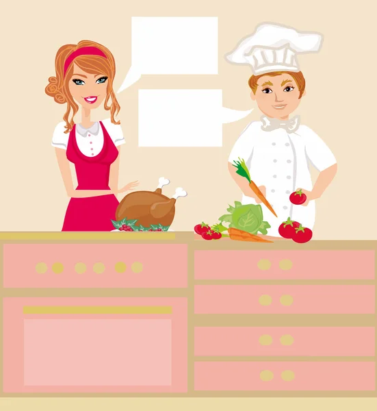 Пара шеф-кухарів готує смачні страви — стоковий вектор