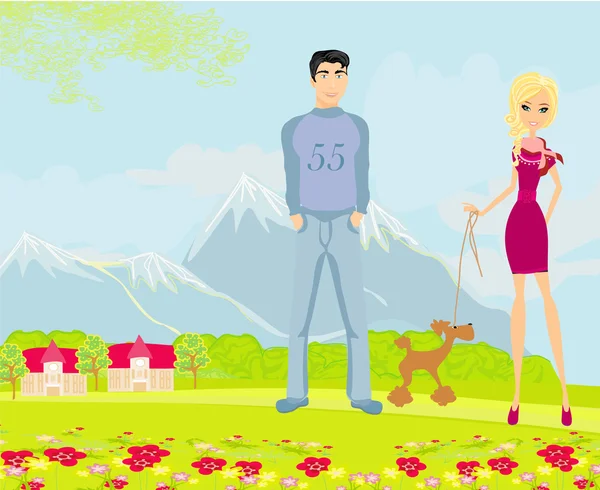 Pareja en un paseo con el perro — Vector de stock