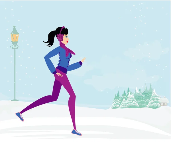 Chica delgada corriendo en invierno — Vector de stock