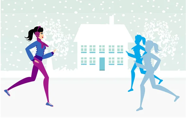 Chicas delgadas corriendo en invierno — Vector de stock