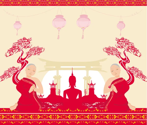 Σιλουέτα του Βούδα, ασιατικό τοπίο και προσεύχονται μοναχοί — Διανυσματικό Αρχείο