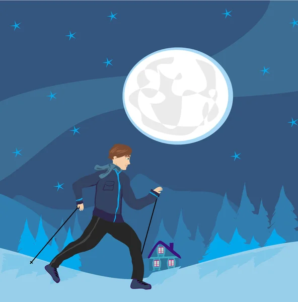 Nordic walking Man exercising at night — Stock Vector