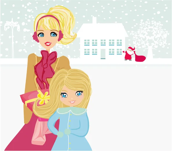 Mother and daughter meet Santa Claus — Stock Vector