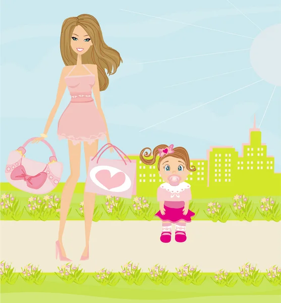 Mother and daughter walking in the park — Stock Vector