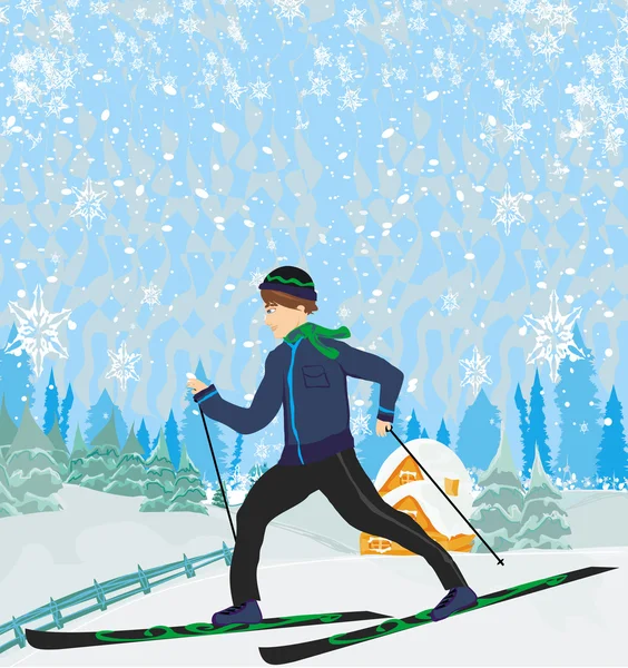 Boy rides on skis in winter day — Stock Vector