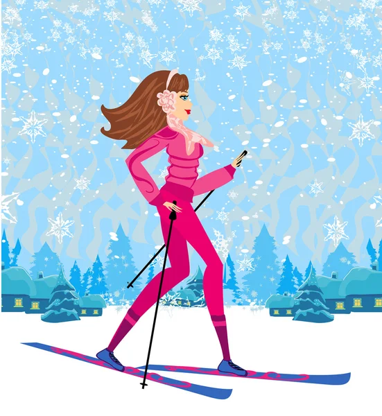 Kız kış günü kayak yapıyor. — Stok Vektör