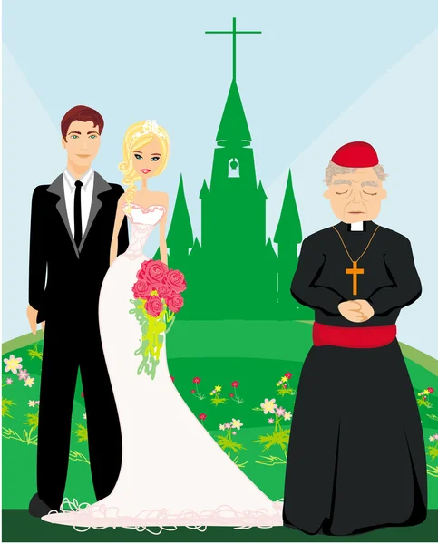 Pareja de boda y el sacerdote frente a una iglesia — Vector de stock