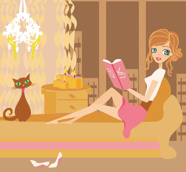 Εικονογράφηση ενός κοριτσιού που διαβάζει ένα βιβλίο — Διανυσματικό Αρχείο