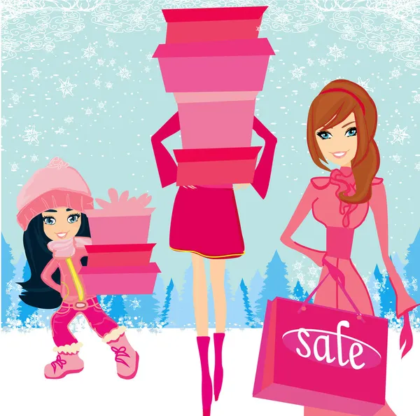 Fashion shopping girls with gift boxes — Stock Illustration Fashion shopping girls with gift boxes Royalty Free Stock Vectors