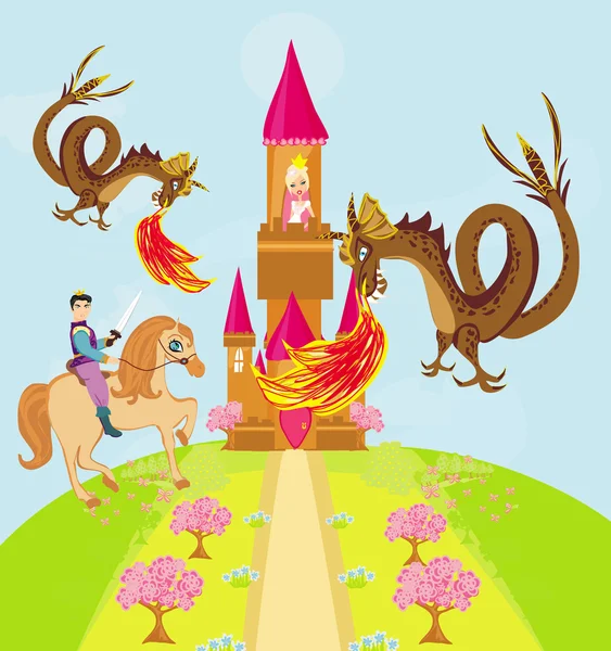 Dos dragones atacando el castillo de la princesa — Vector de stock