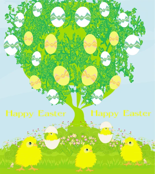 Poulets mignons et arbre de Pâques — Image vectorielle