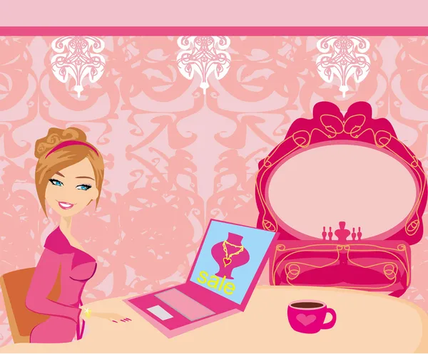 Online shopping - young smiling woman sitting with laptop comput — Stock Vector