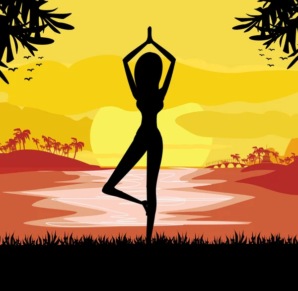 Girl in Yoga pose on Summer background with palm tree — Stock Vector