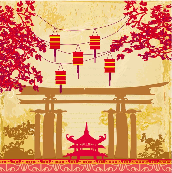 Κινέζικη κάρτα Πρωτοχρονιάς - Παραδοσιακά φανάρια και ασιατικά κτίρια — Διανυσματικό Αρχείο
