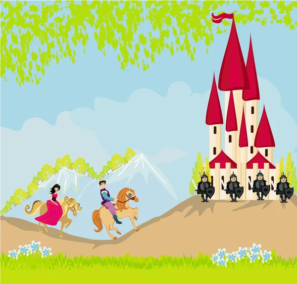 Príncipe y princesa en sus caballos van al castillo — Vector de stock