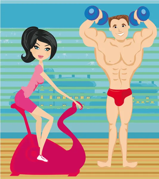 Homem e mulher exercícios no ginásio — Vetor de Stock