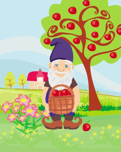 Jardinier souriant gnome dans le verger — Image vectorielle