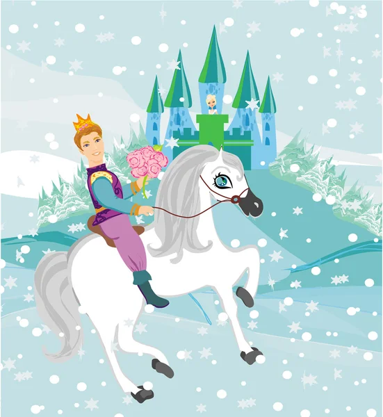 Prins paardrijden naar de prinses op een winterdag — Stockvector