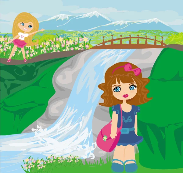女孩们在附近的瀑布上玩耍 — 图库矢量图片